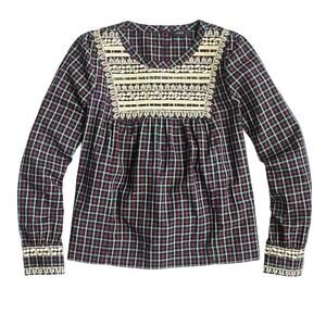 J. Crew Plaid Gold Embroidery Blouse Size XS